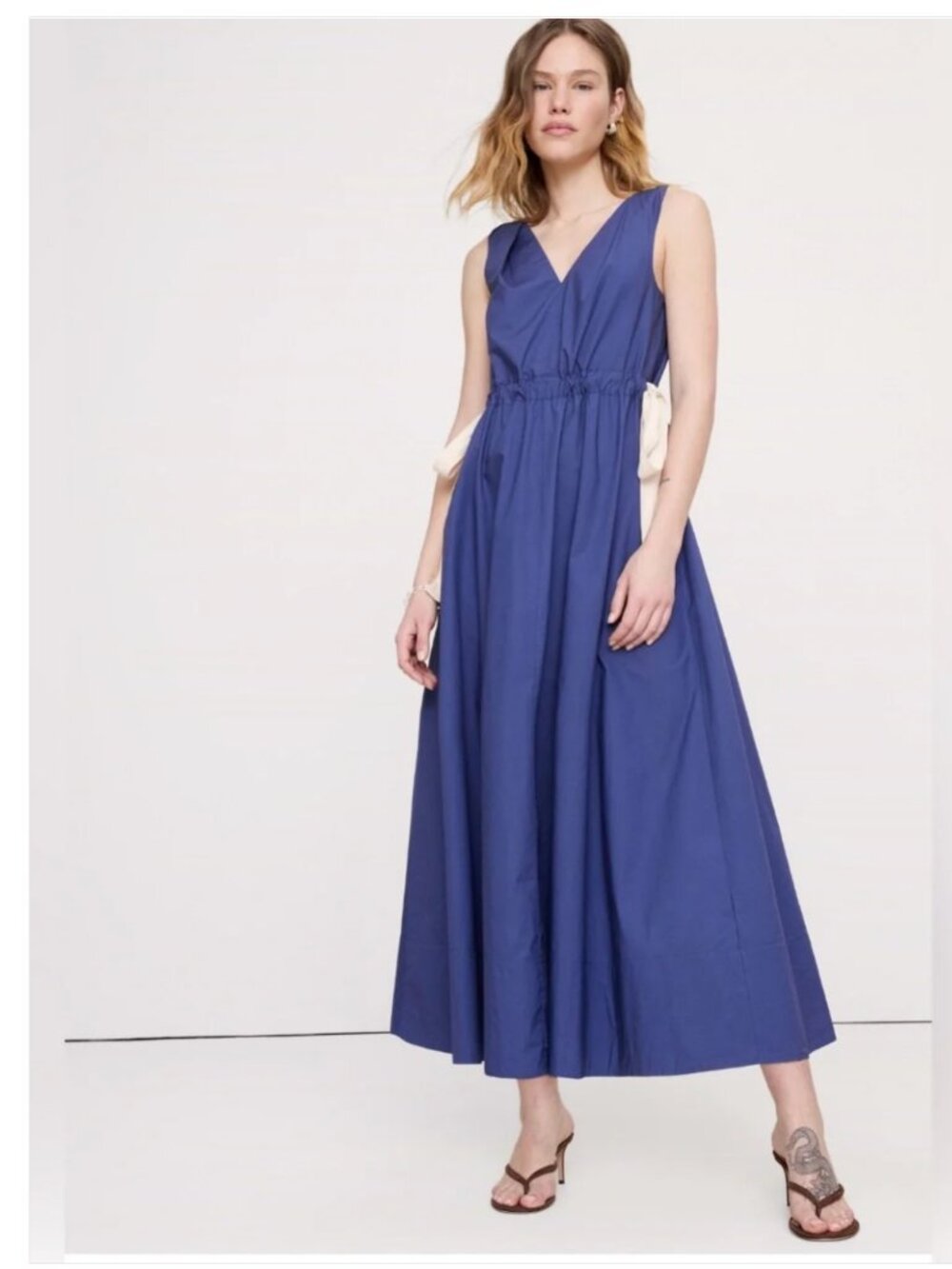 NEW-Banana Republic Blue Twisted Shoulder Poplin Maxi Dress XXS